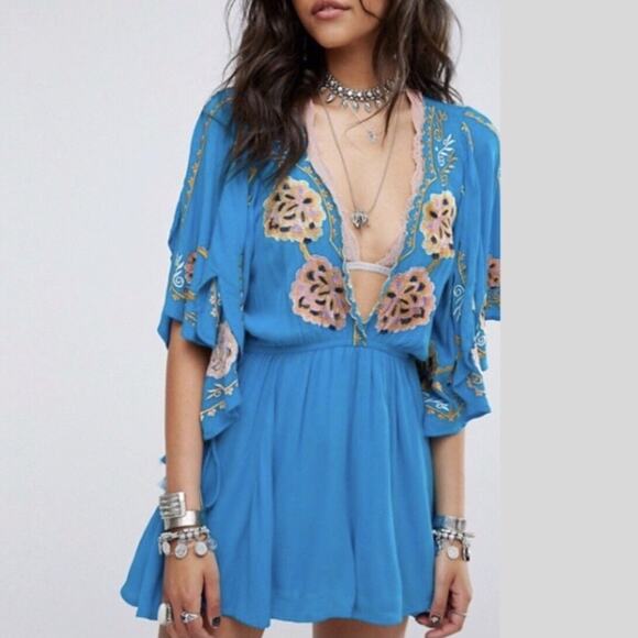 Free People Cora Blue Floral Crochet Embroidered Tunic Mini Dress Flowy L - Picture 1 of 15